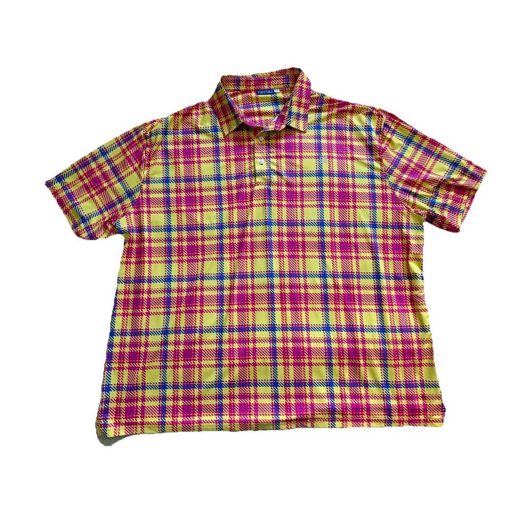 Hreski Golf Shirt Yellow, Pink,‎ and Purple Plaid Pattern Size XXXL